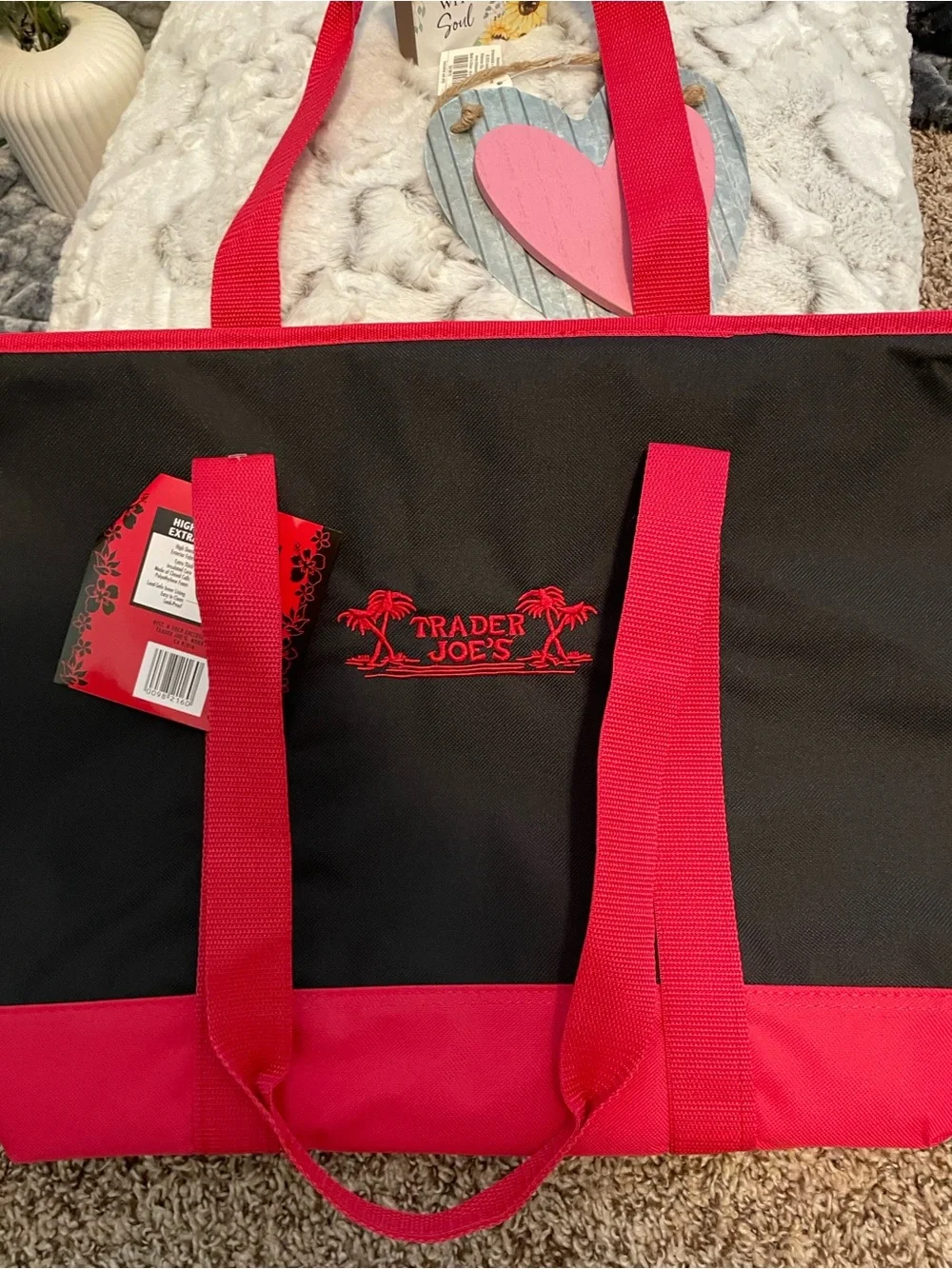 ♥️ Trader Joe's Black Red Insulated Large Cooler Tote Reusable Shopping Bag